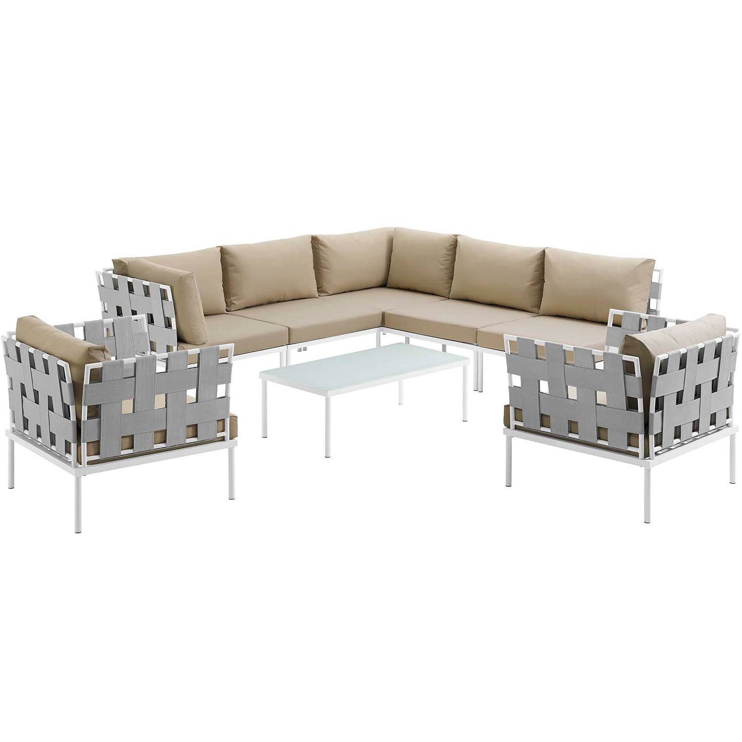 Modway Outlet Harmony 8 Piece Outdoor Patio Aluminum Sectional Sofa Set by Modway  Outdoor Furniture Furniture White Beige - EEI-2619-WHI-BEI-SET