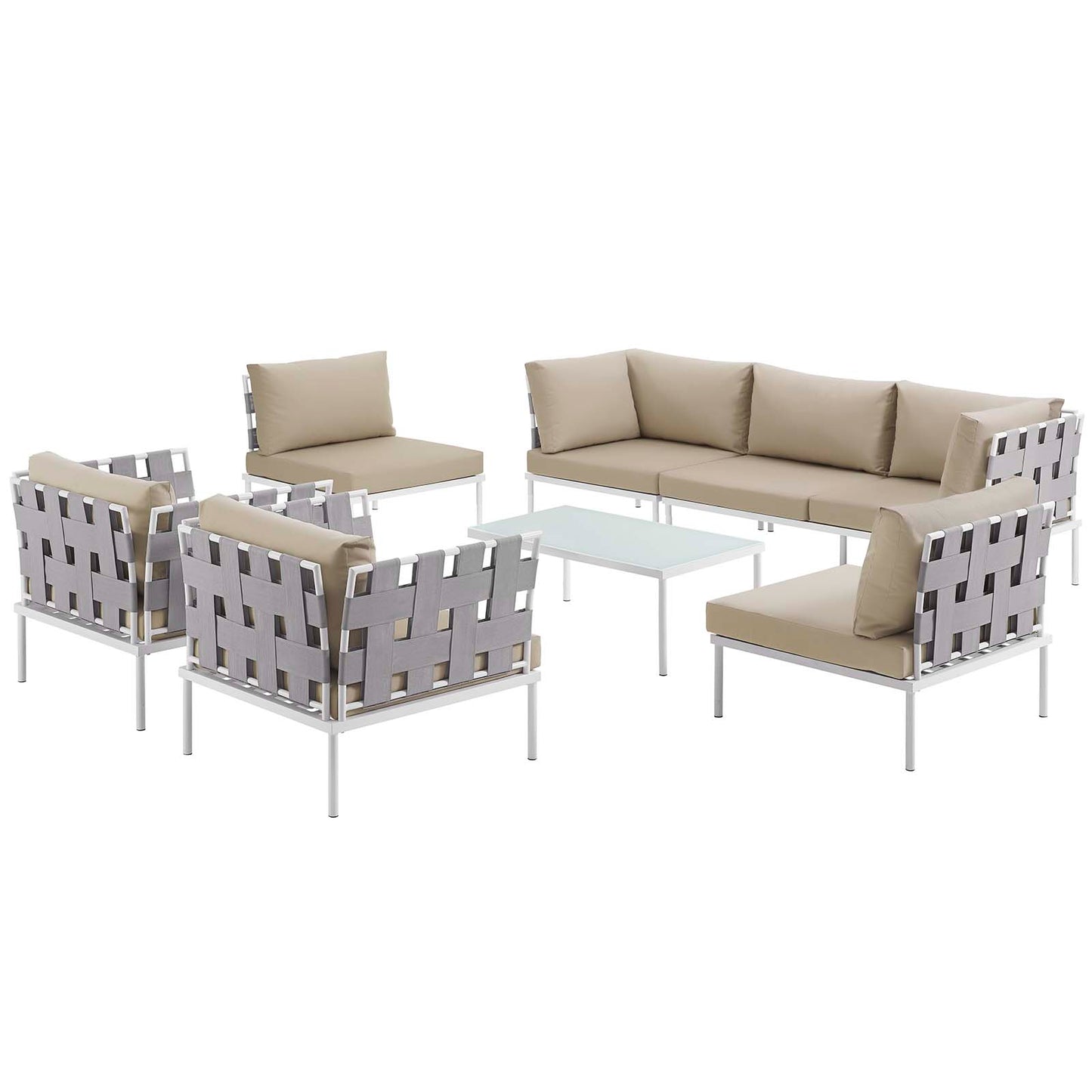 Modway Outlet Harmony 8 Piece Outdoor Patio Aluminum Sectional Sofa Set by Modway  Outdoor Furniture Furniture White Beige - EEI-2619-WHI-BEI-SET