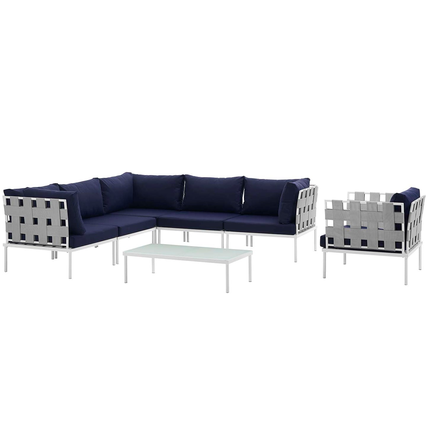Modway Outlet Harmony 7 Piece Outdoor Patio Aluminum Sectional Sofa Set by Modway  Outdoor Furniture Furniture White Navy - EEI-2620-WHI-NAV-SET