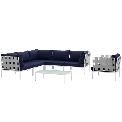 Modway Outlet Harmony 7 Piece Outdoor Patio Aluminum Sectional Sofa Set by Modway  Outdoor Furniture Furniture White Navy - EEI-2620-WHI-NAV-SET