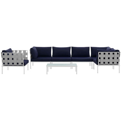 Modway Outlet Harmony 7 Piece Outdoor Patio Aluminum Sectional Sofa Set by Modway  Outdoor Furniture Furniture White Navy - EEI-2620-WHI-NAV-SET