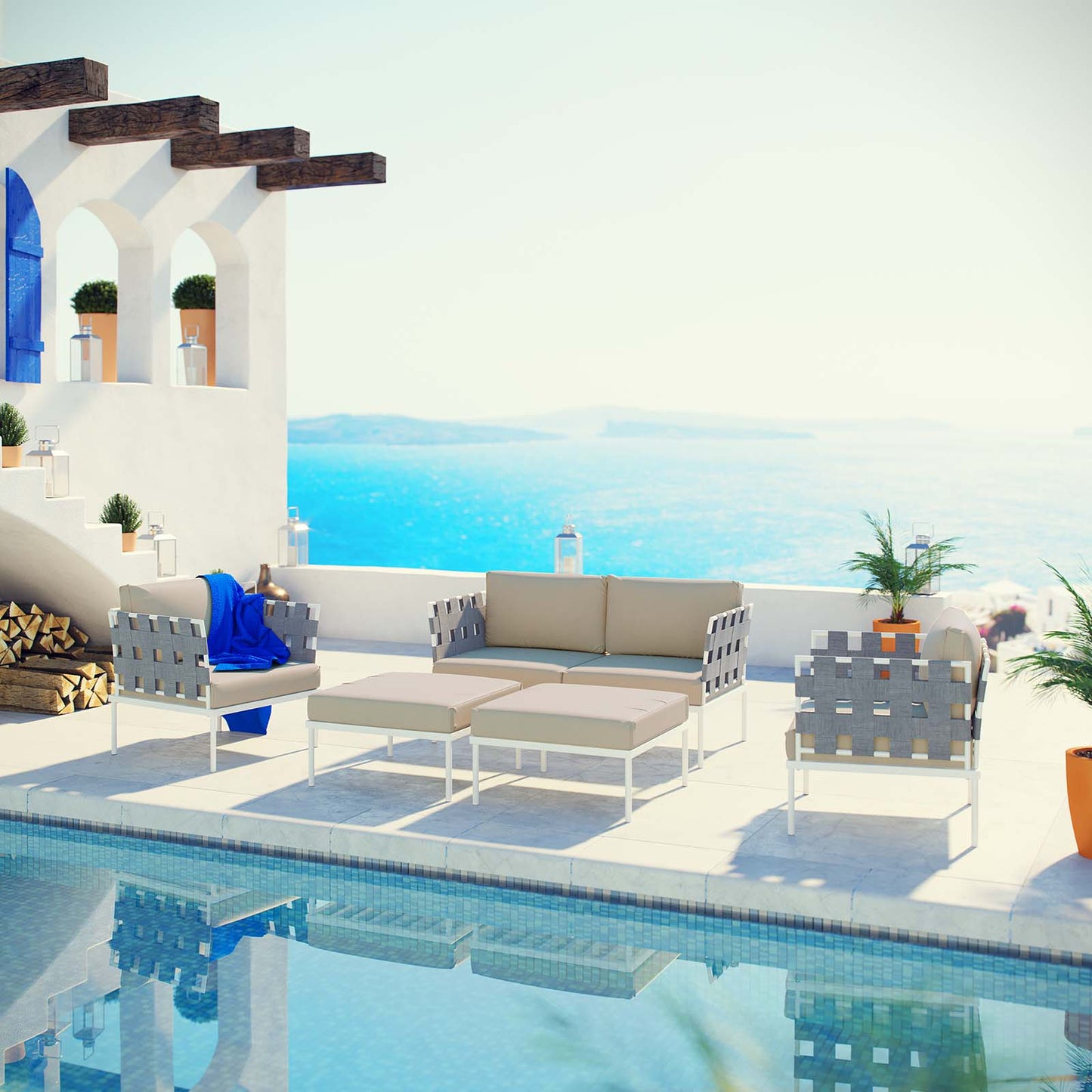 Modway Outlet Harmony 5 Piece Outdoor Patio Aluminum Sectional Sofa Set by Modway  Outdoor Furniture Furniture White Beige - EEI-2621-WHI-BEI-SET