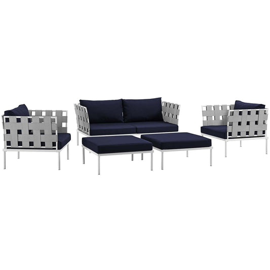 Modway Outlet Harmony 5 Piece Outdoor Patio Aluminum Sectional Sofa Set by Modway  Outdoor Furniture Furniture White Navy - EEI-2621-WHI-NAV-SET