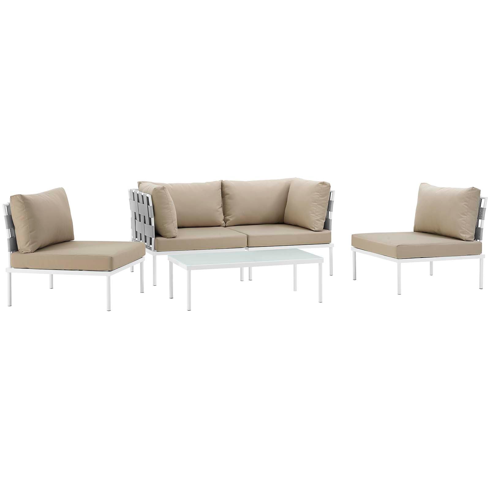 Beige outdoor lounge set with white metal frames, gray lattice accents, beige cushions, and glass-top coffee table.