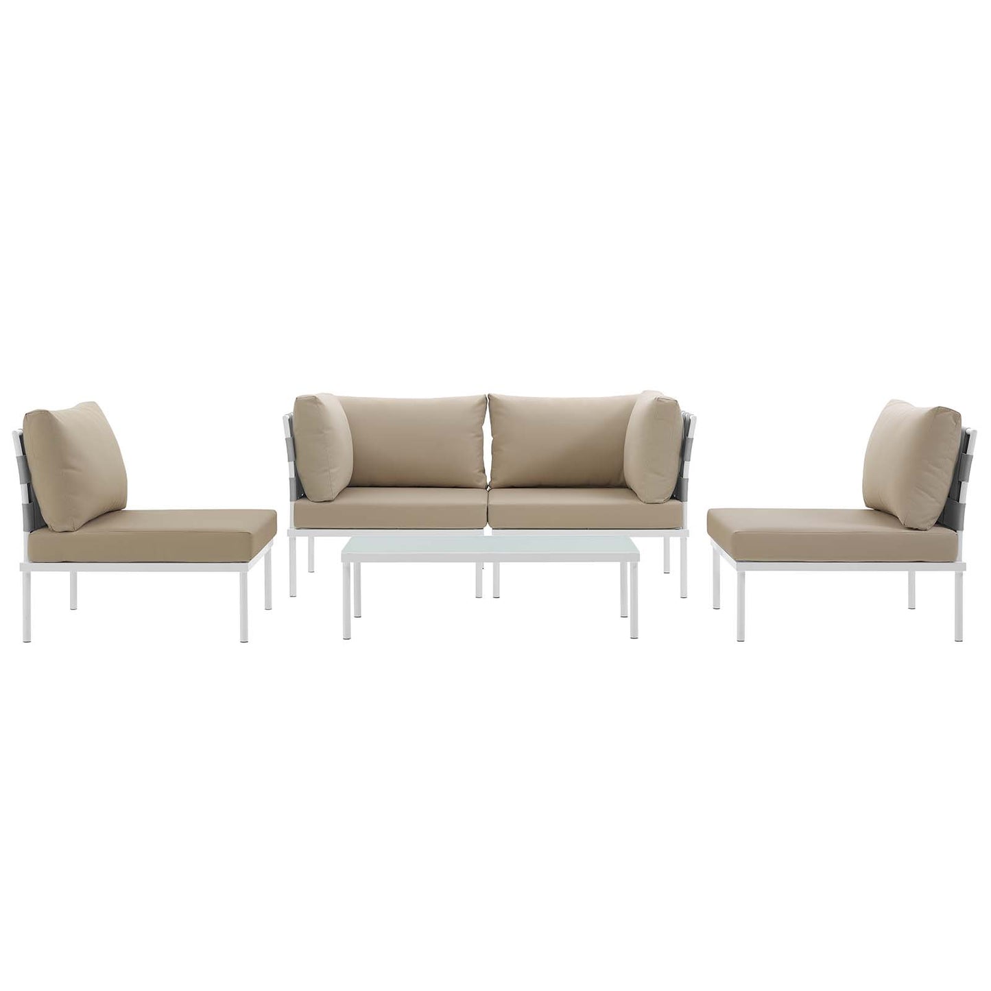 Beige outdoor sectional with aluminum frames; includes two single chairs, a 2-seat sofa, and a glass-top coffee table.