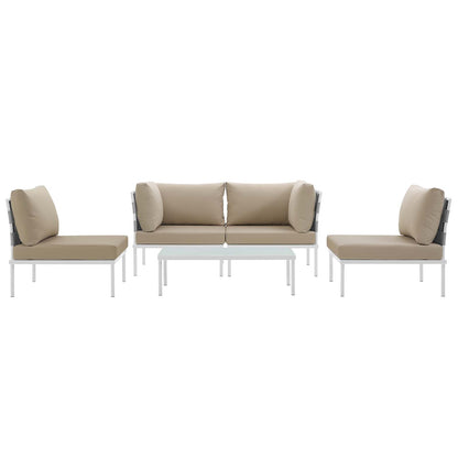 Beige outdoor sectional with aluminum frames; includes two single chairs, a 2-seat sofa, and a glass-top coffee table.