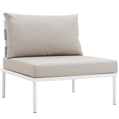 White aluminum outdoor sectional sofa set with beige cushions and tall back pillows.