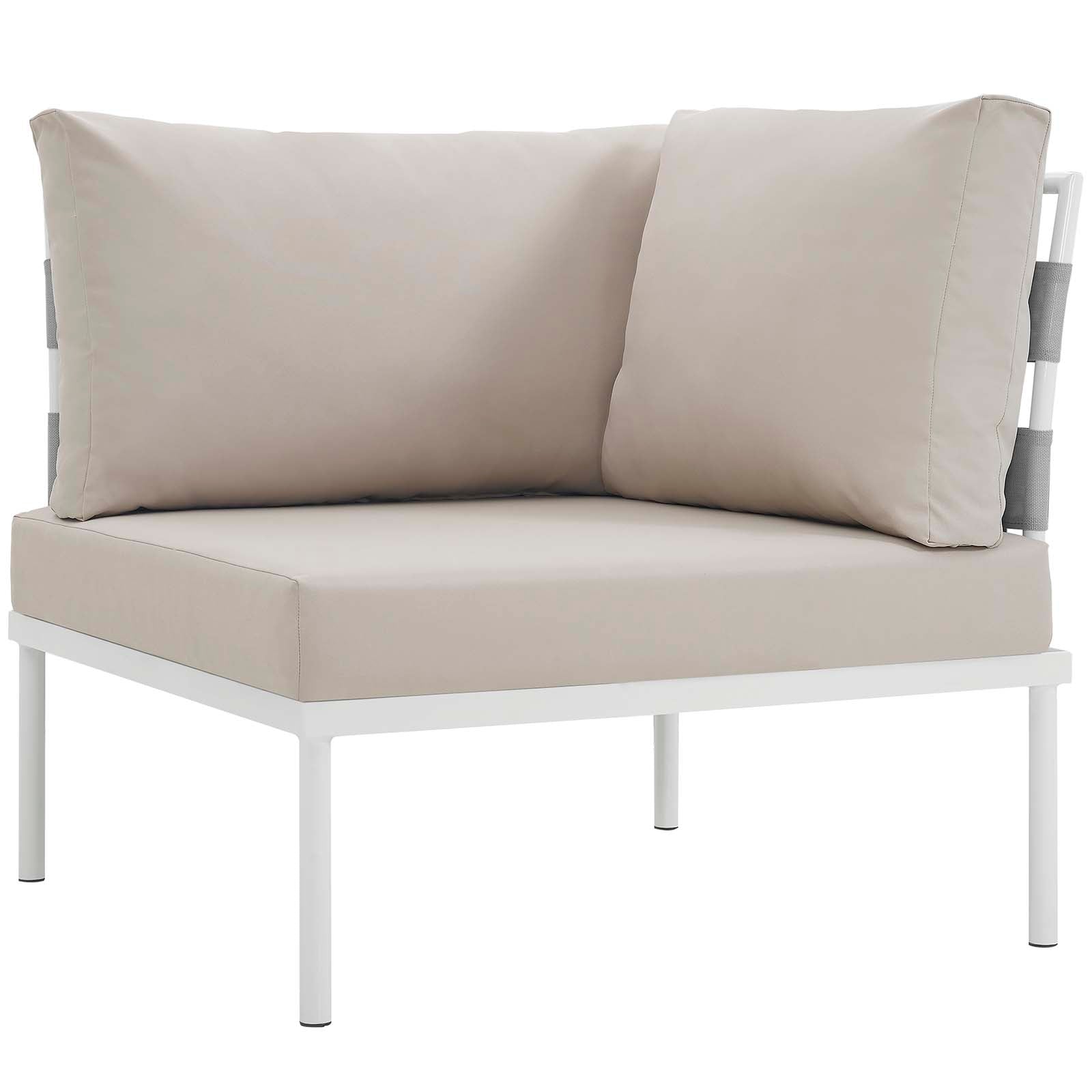 White outdoor aluminum 5-piece sectional sofa set with beige cushions.