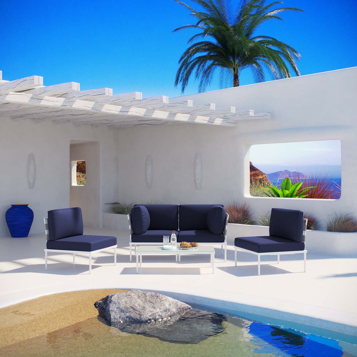 Modway Outlet Harmony 5 Piece Outdoor Patio Aluminum Sectional Sofa Set by Modway  Outdoor Furniture Furniture White Navy - EEI-2622-WHI-NAV-SET