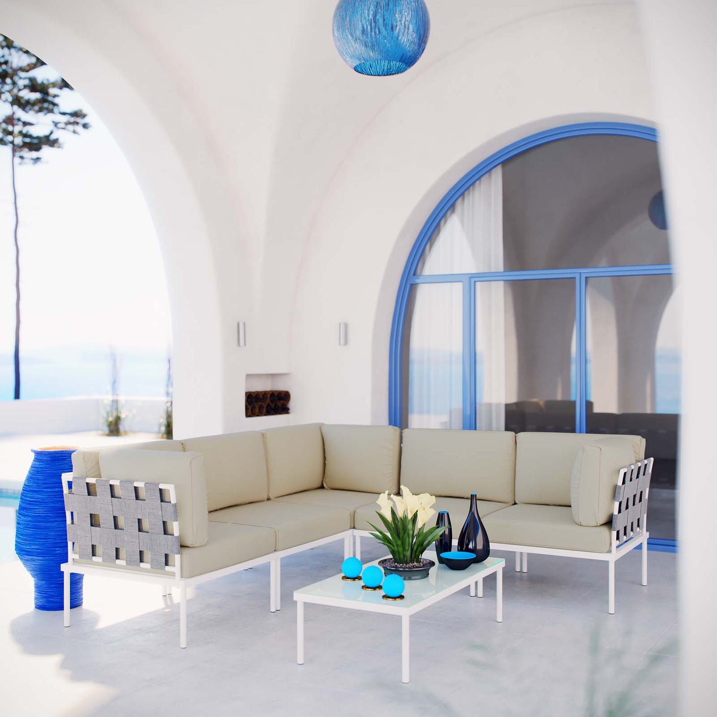 Modway Outlet Harmony 6 Piece Outdoor Patio Aluminum Sectional Sofa Set by Modway  Outdoor Furniture Furniture White Beige - EEI-2627-WHI-BEI-SET