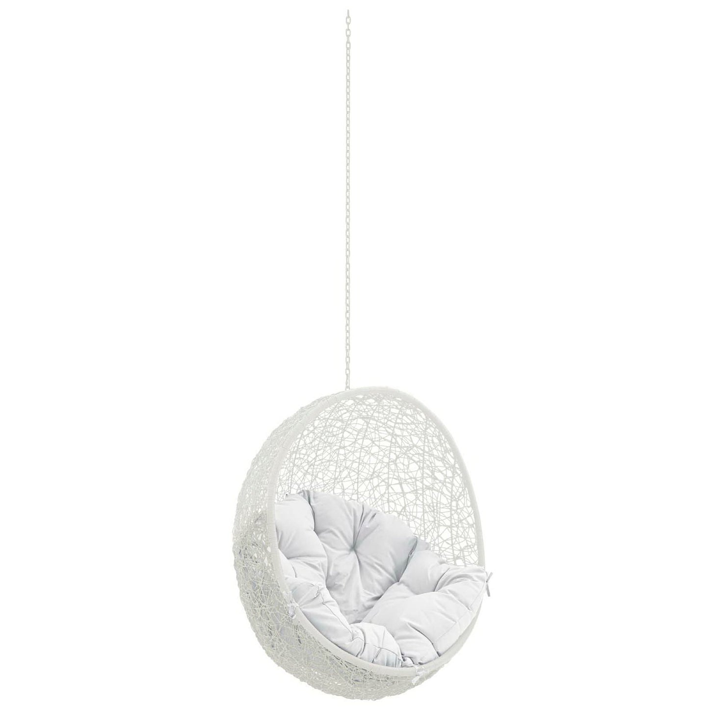 White woven hanging egg chair on a chain with a soft gray cushion.
