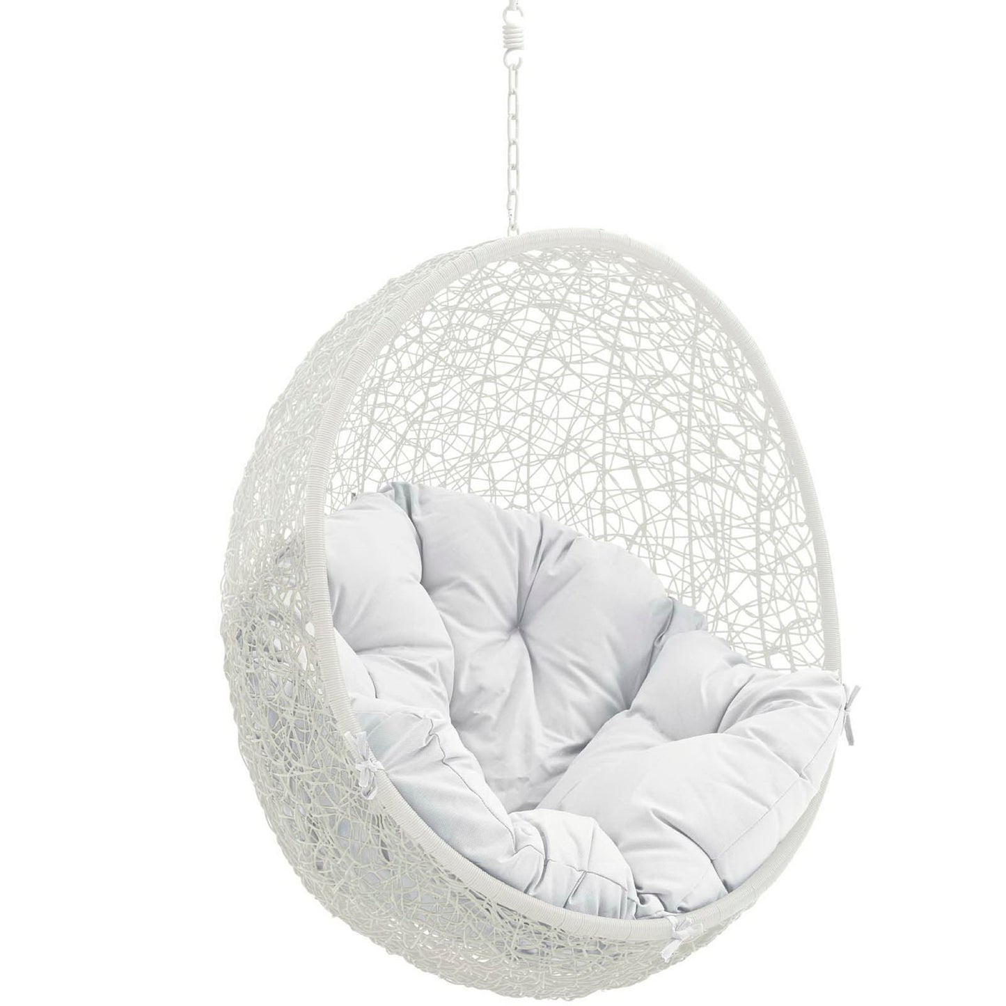 White woven hanging egg chair with plush light gray cushions, suspended by chain.