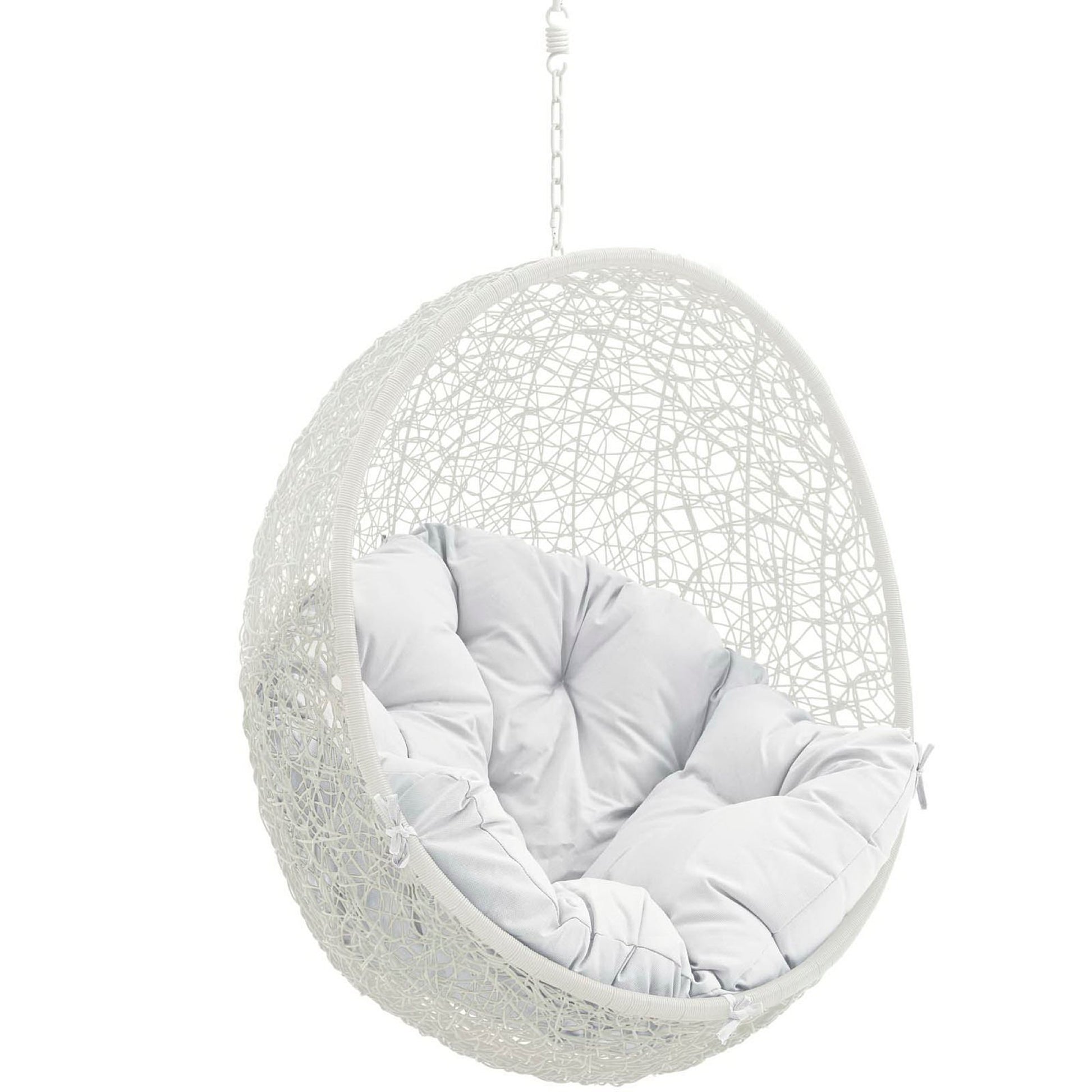 White woven hanging egg chair with plush light gray cushions, suspended by chain.