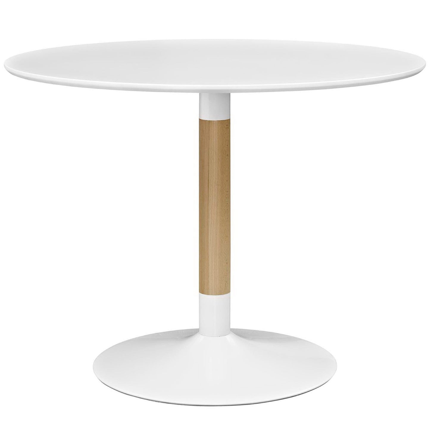 White round pedestal table with a natural wood central column and circular base.