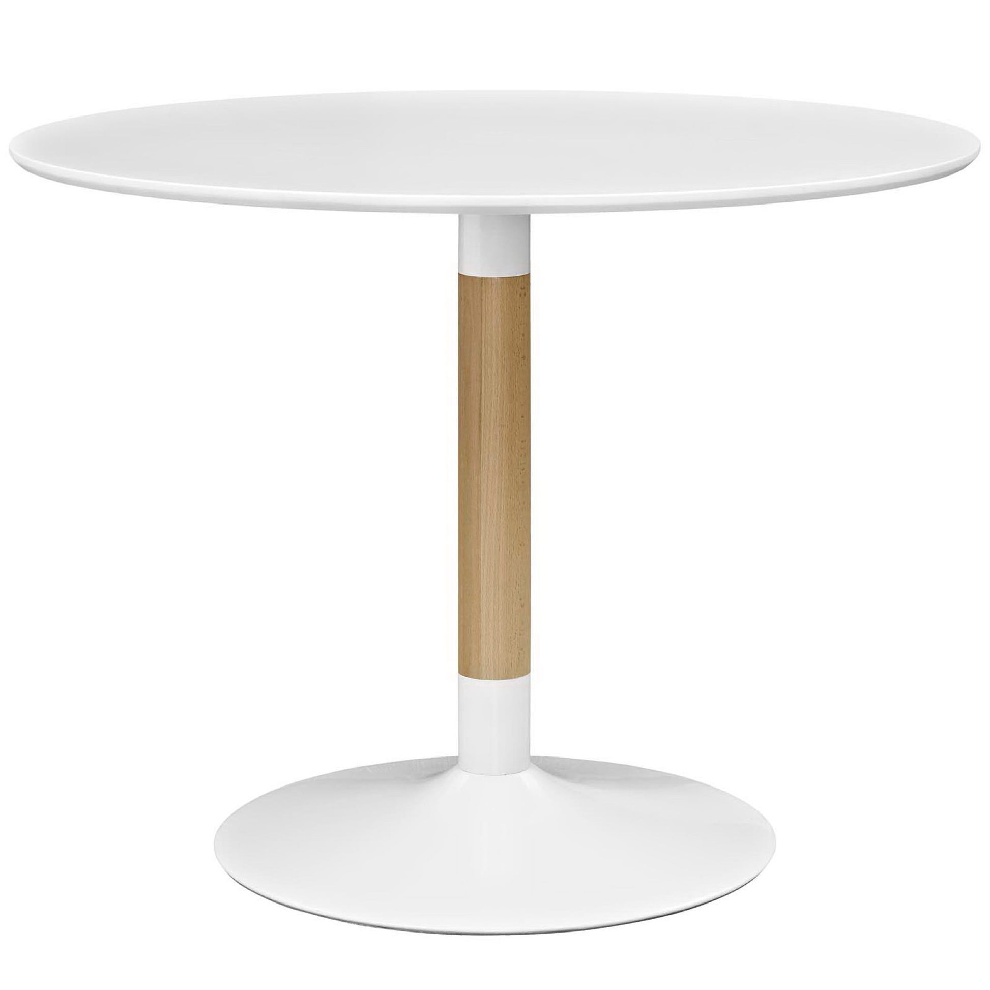 White round pedestal table with a natural wood central column and circular base.