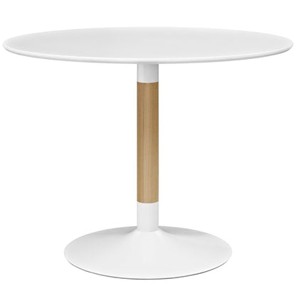 White round pedestal table with a natural wood central column and circular base.
