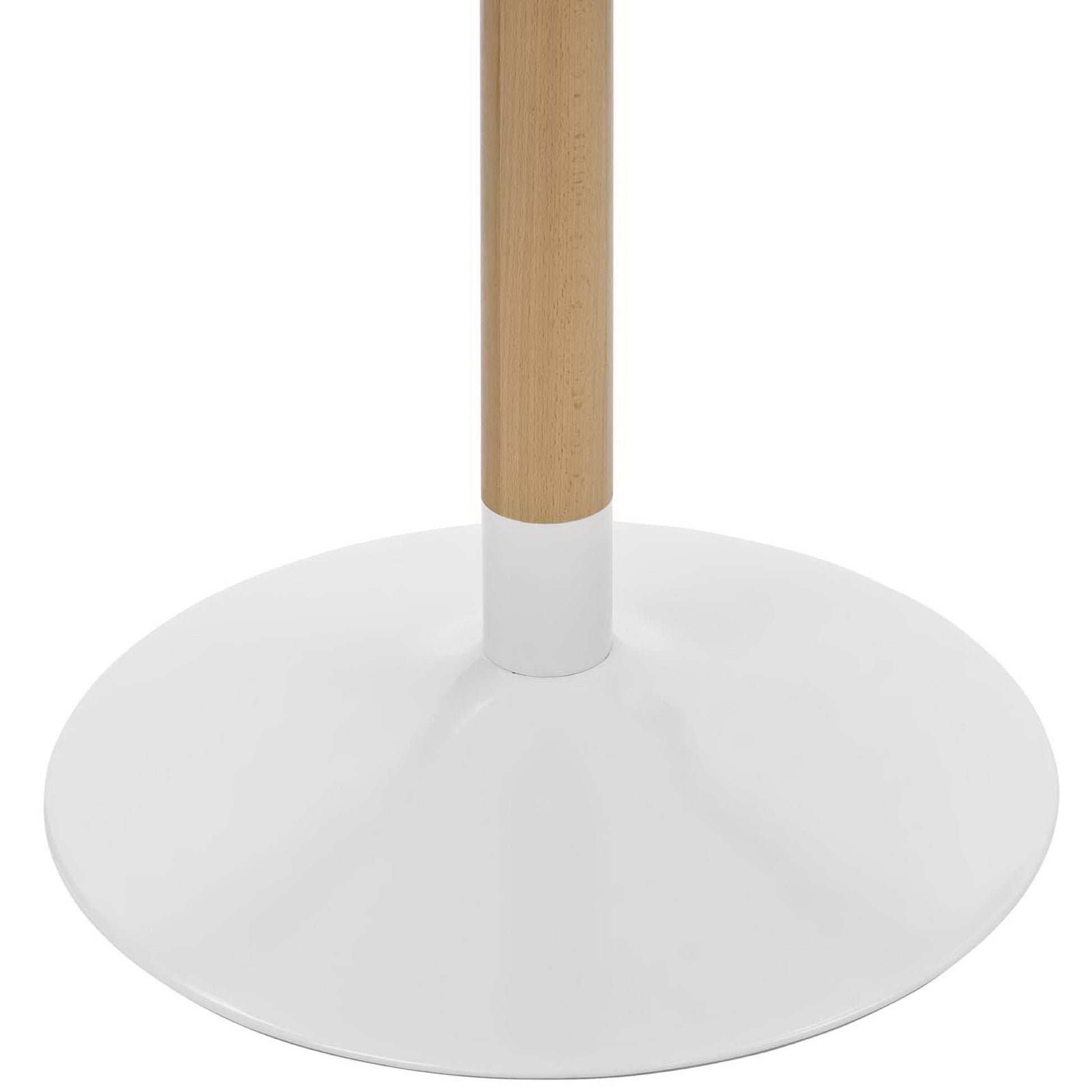 White circular metal base with a natural wood dowel stem and white collar; round dining table in a modern minimalist design.