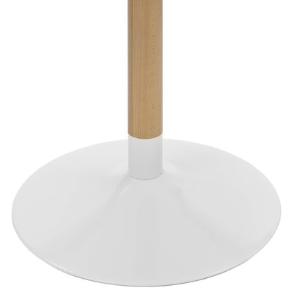 White circular metal base with a natural wood dowel stem and white collar; round dining table in a modern minimalist design.