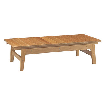 Natural finish wooden outdoor coffee table with slatted top and angled legs.
