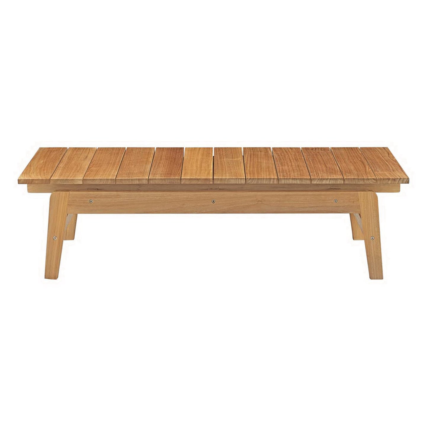 Outdoor teak coffee table with a slatted top and angled legs.
