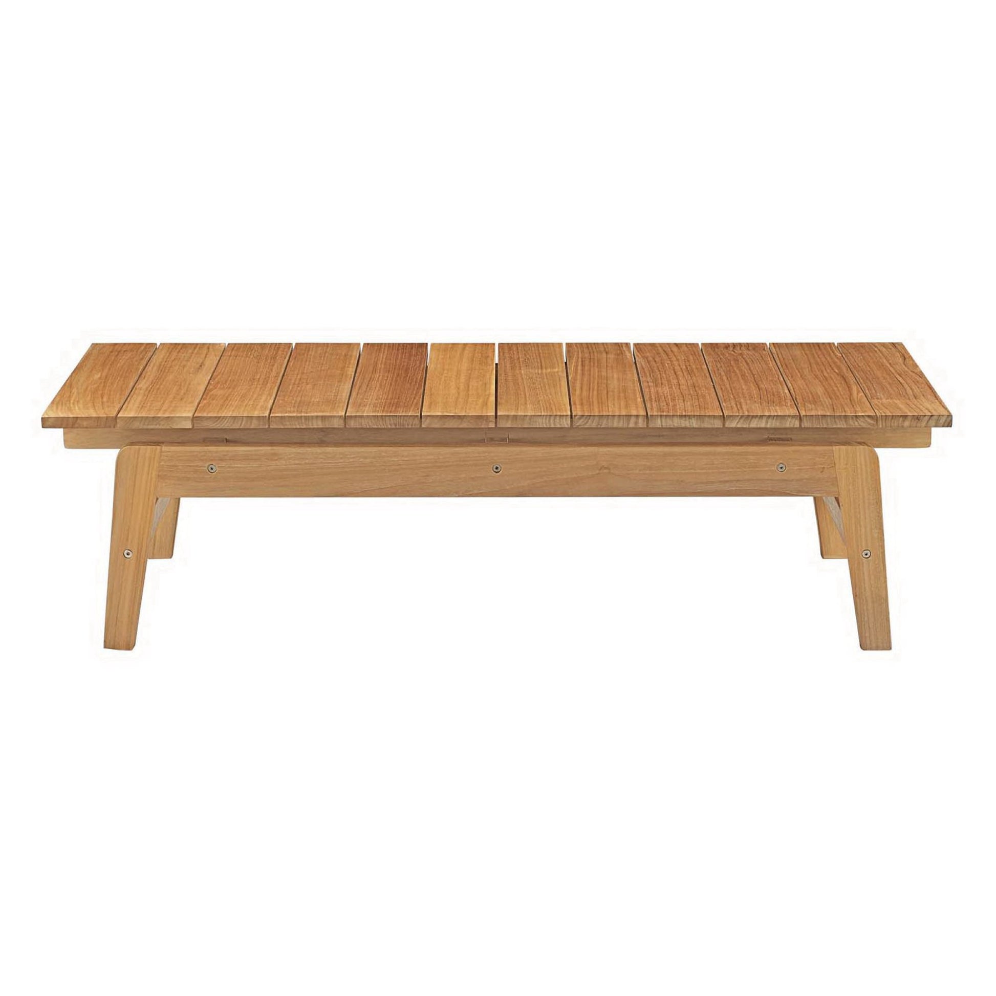 Outdoor teak coffee table with a slatted top and angled legs.
