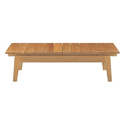 Outdoor teak coffee table with a slatted top and angled legs.