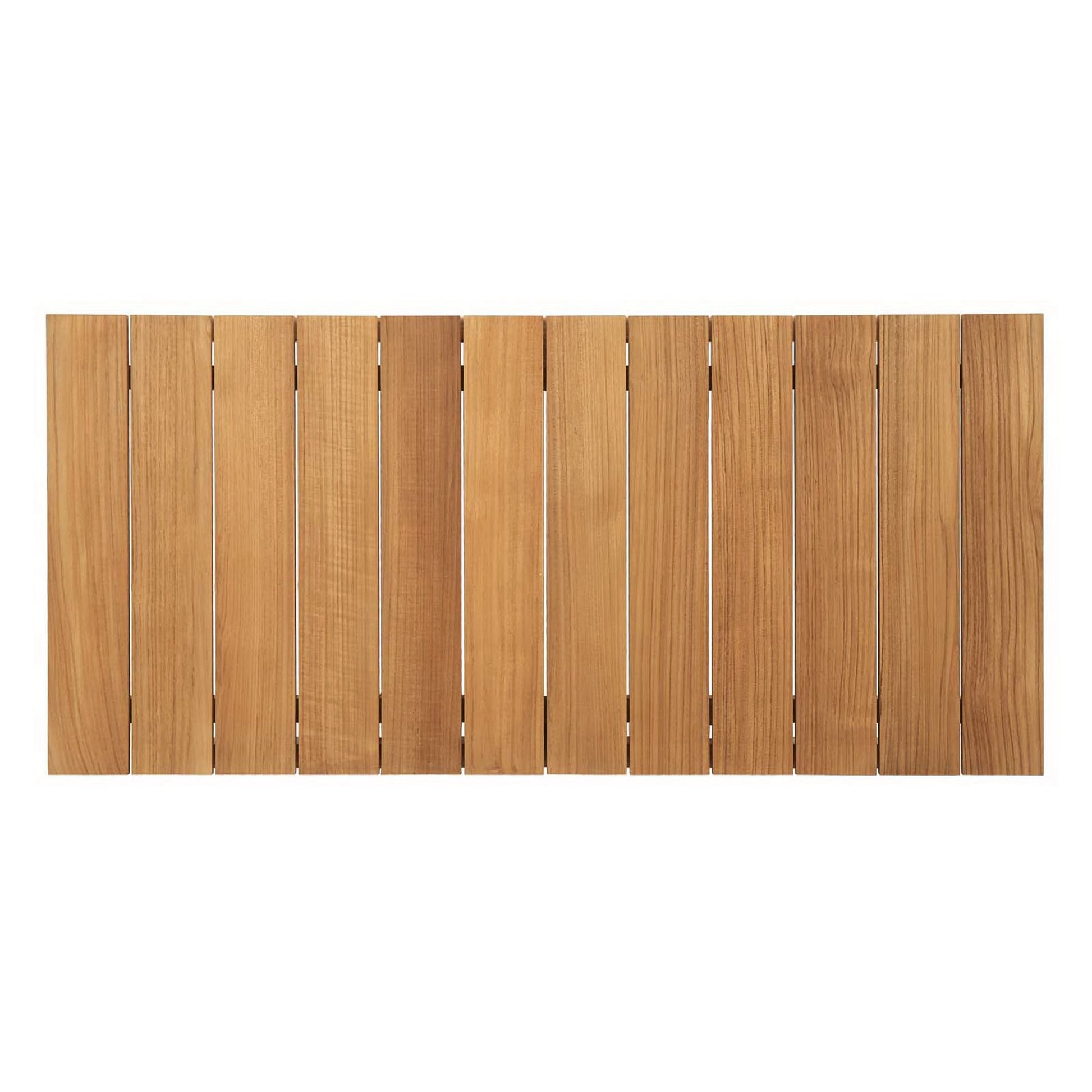 Outdoor teak coffee table with a slatted top and natural brown finish.