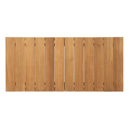 Outdoor teak coffee table with a slatted top and natural brown finish.