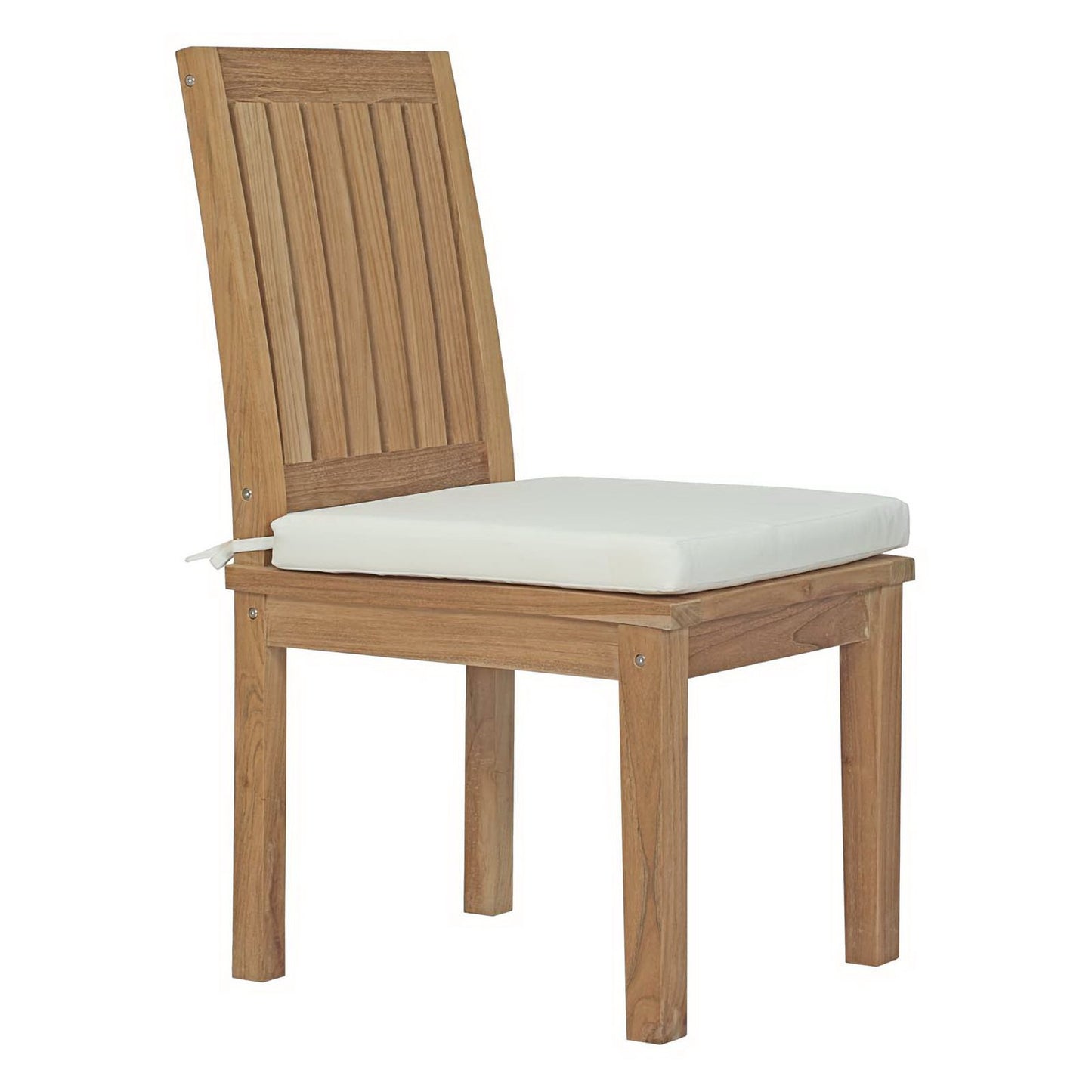Natural wood dining chair with vertical slat back and white padded seat.