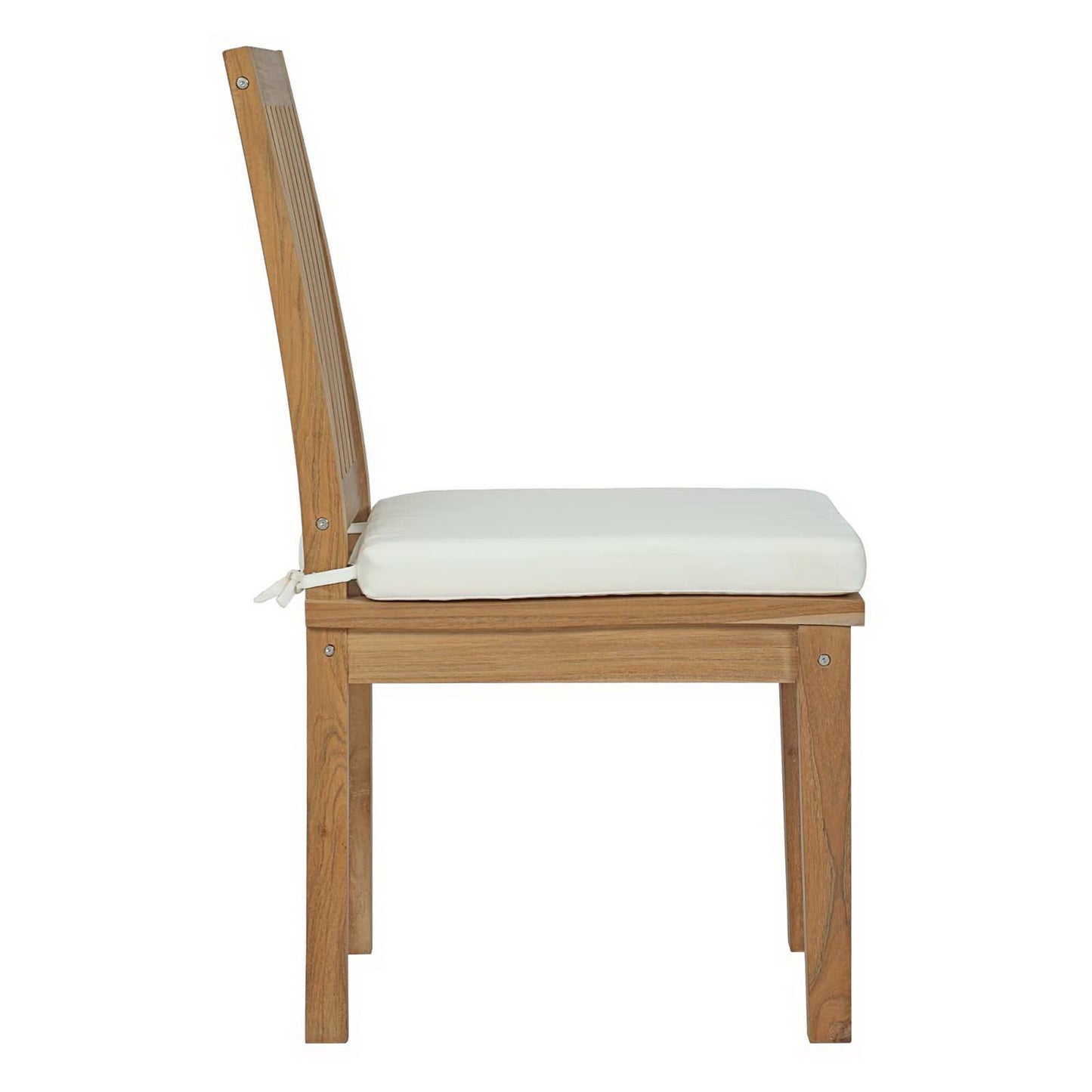 Teak outdoor dining chair with white cushioned seat, straight legs and vertical slat backrest.
