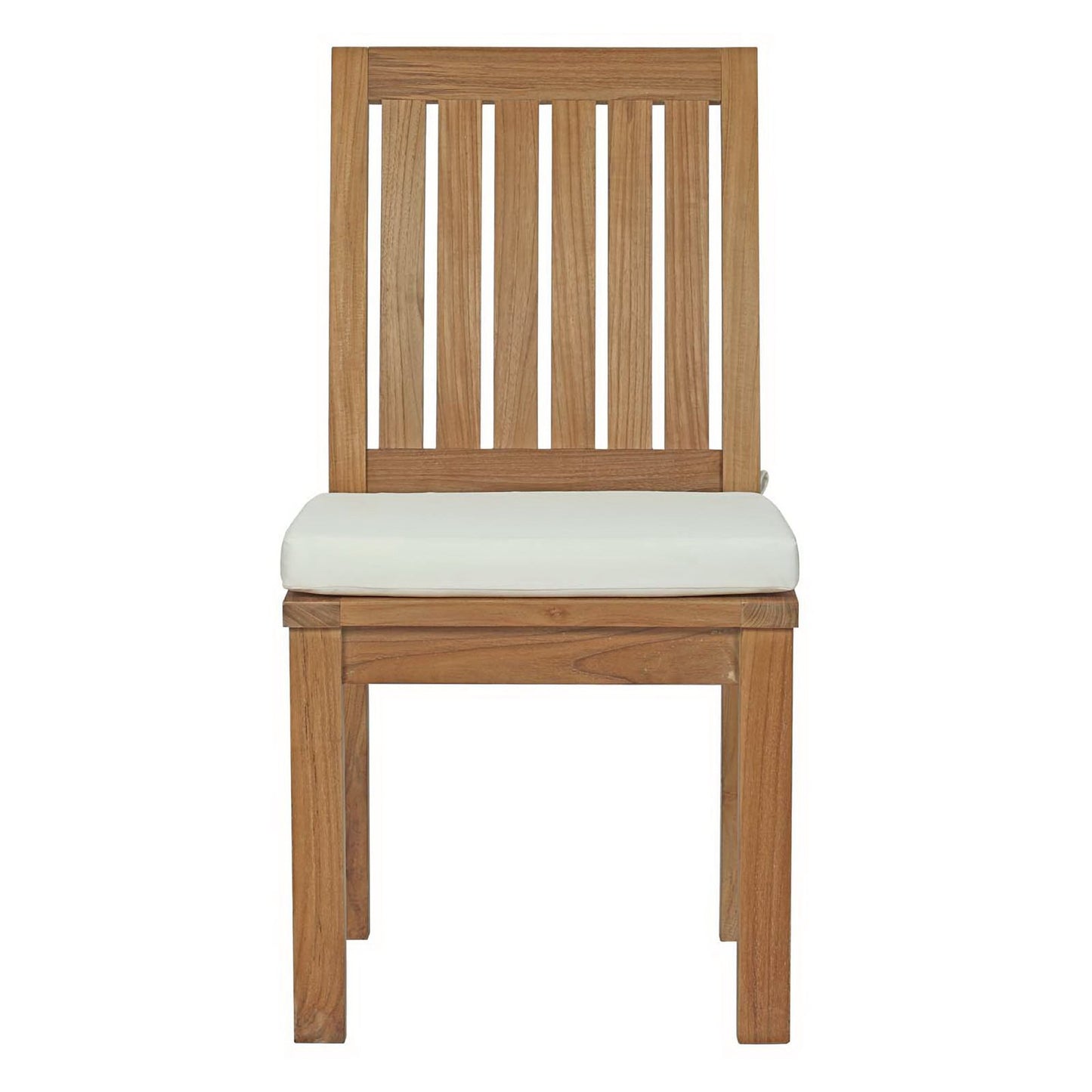Teak outdoor patio dining chair with a vertical slat back and a white cushioned seat.