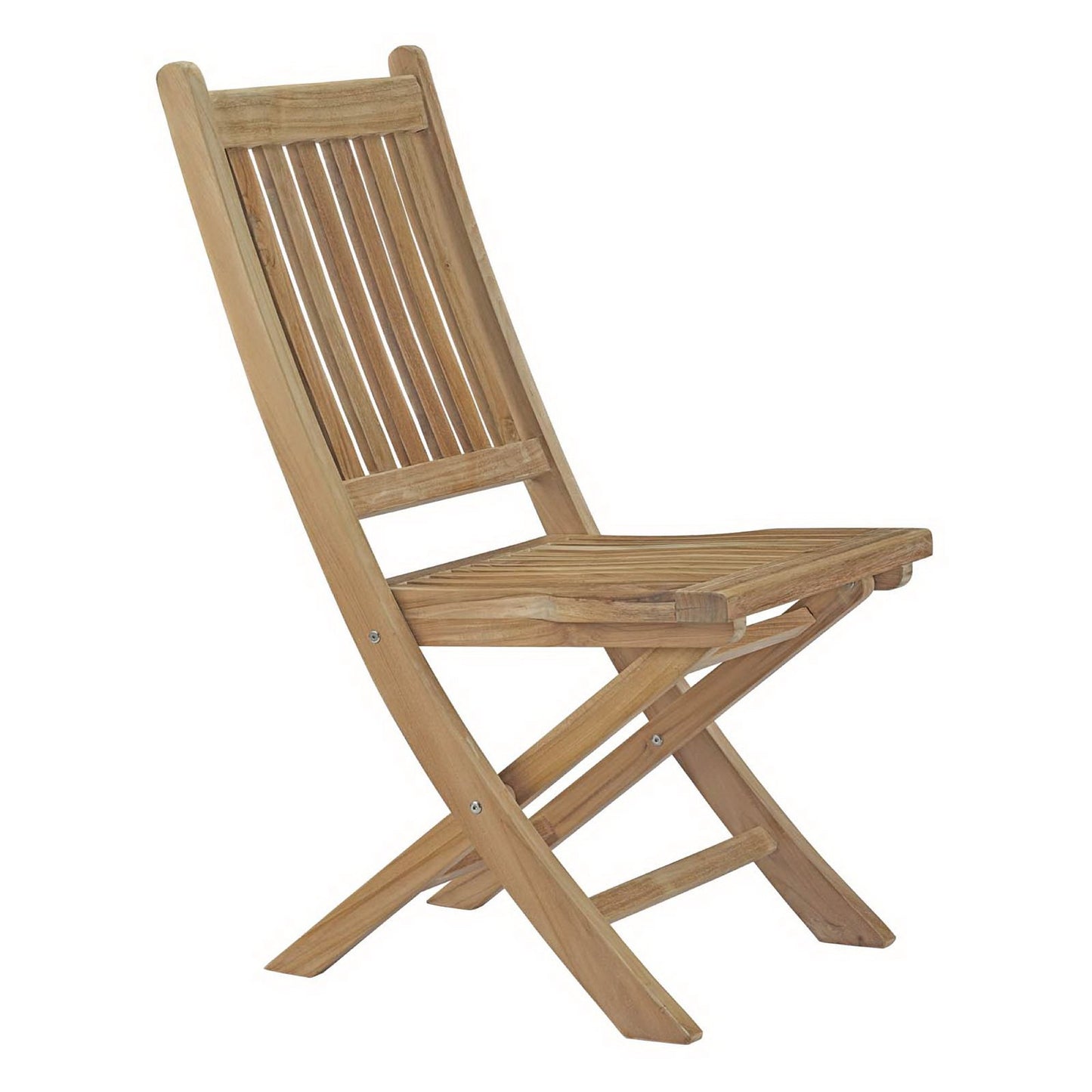 Natural wood folding chair with slatted back and seat, outdoor garden seating.