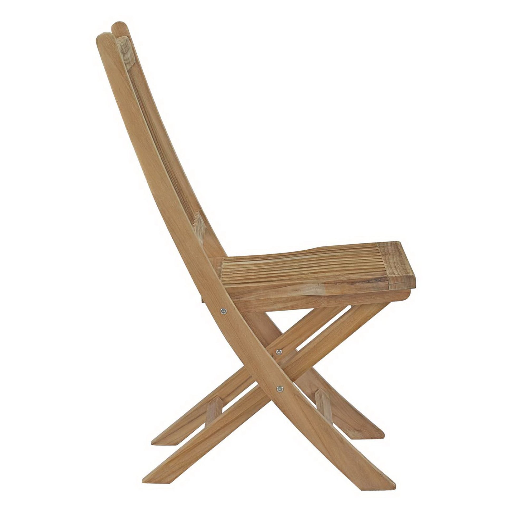 Teak folding chair with slatted seat and back, X-frame legs, outdoor patio style.