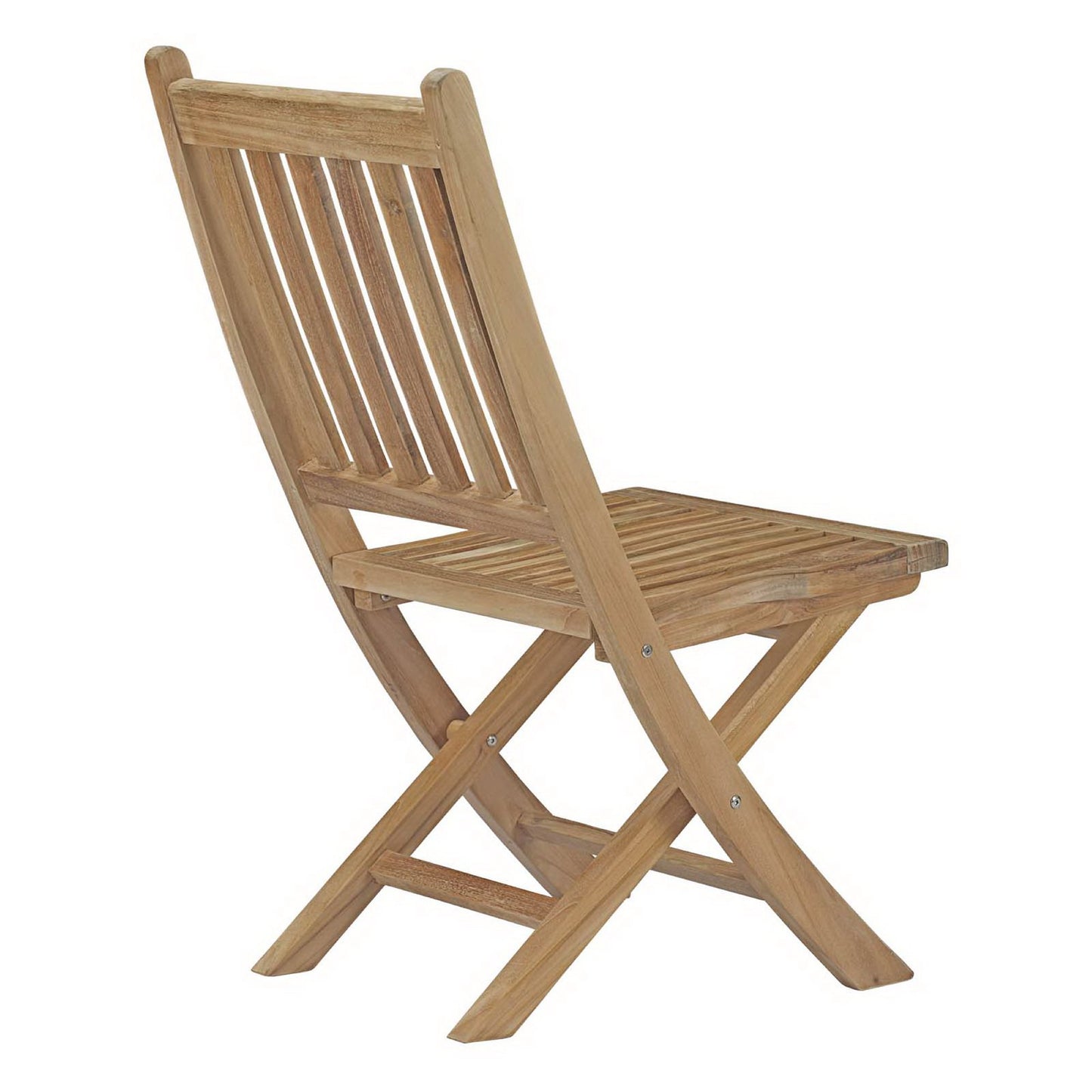 Natural wood folding chair with slatted back and seat for outdoor garden use.