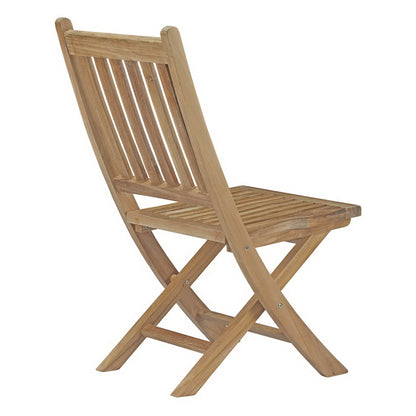 Natural wood folding chair with slatted back and seat for outdoor garden use.