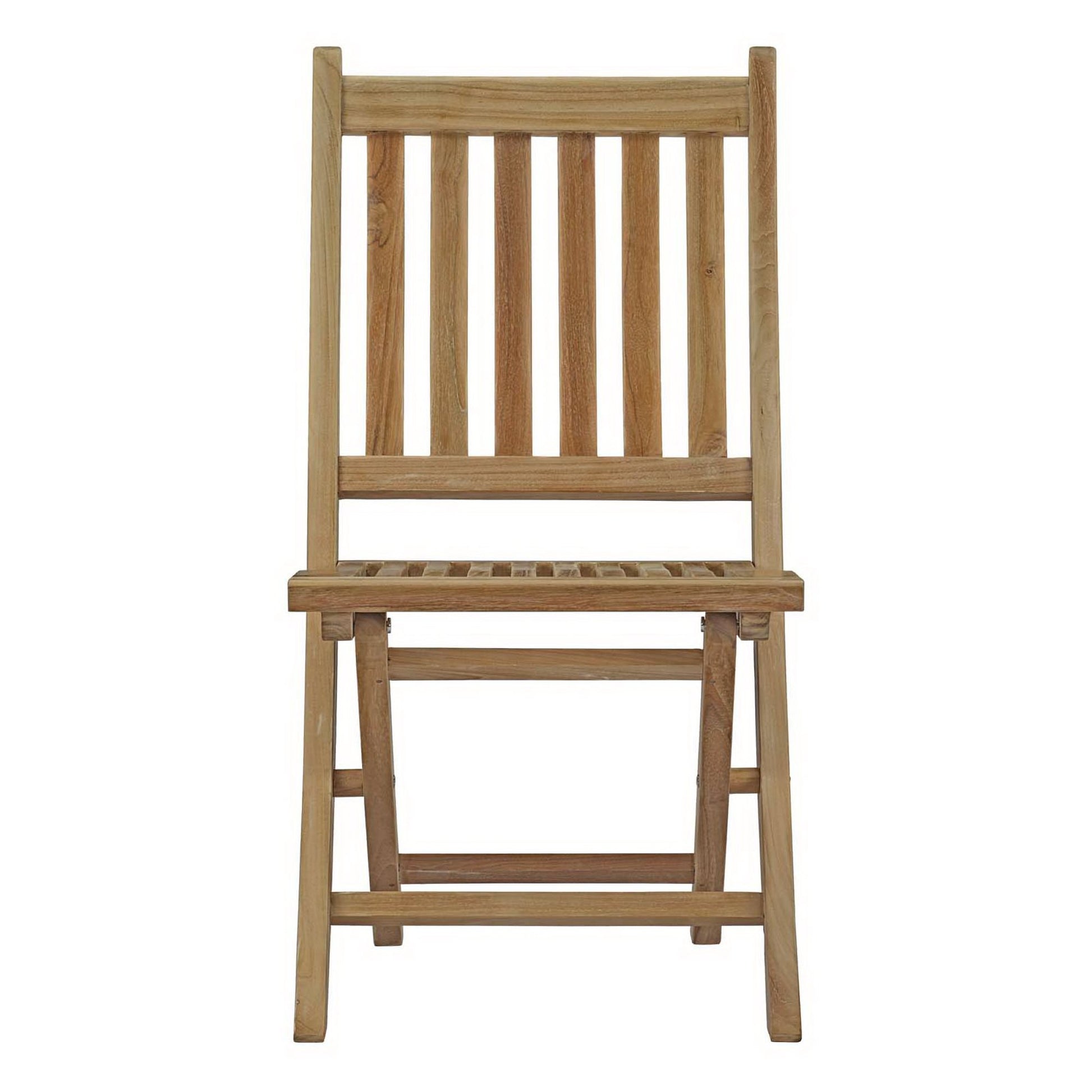 Natural teak outdoor folding chair with a slatted back and slatted seat.