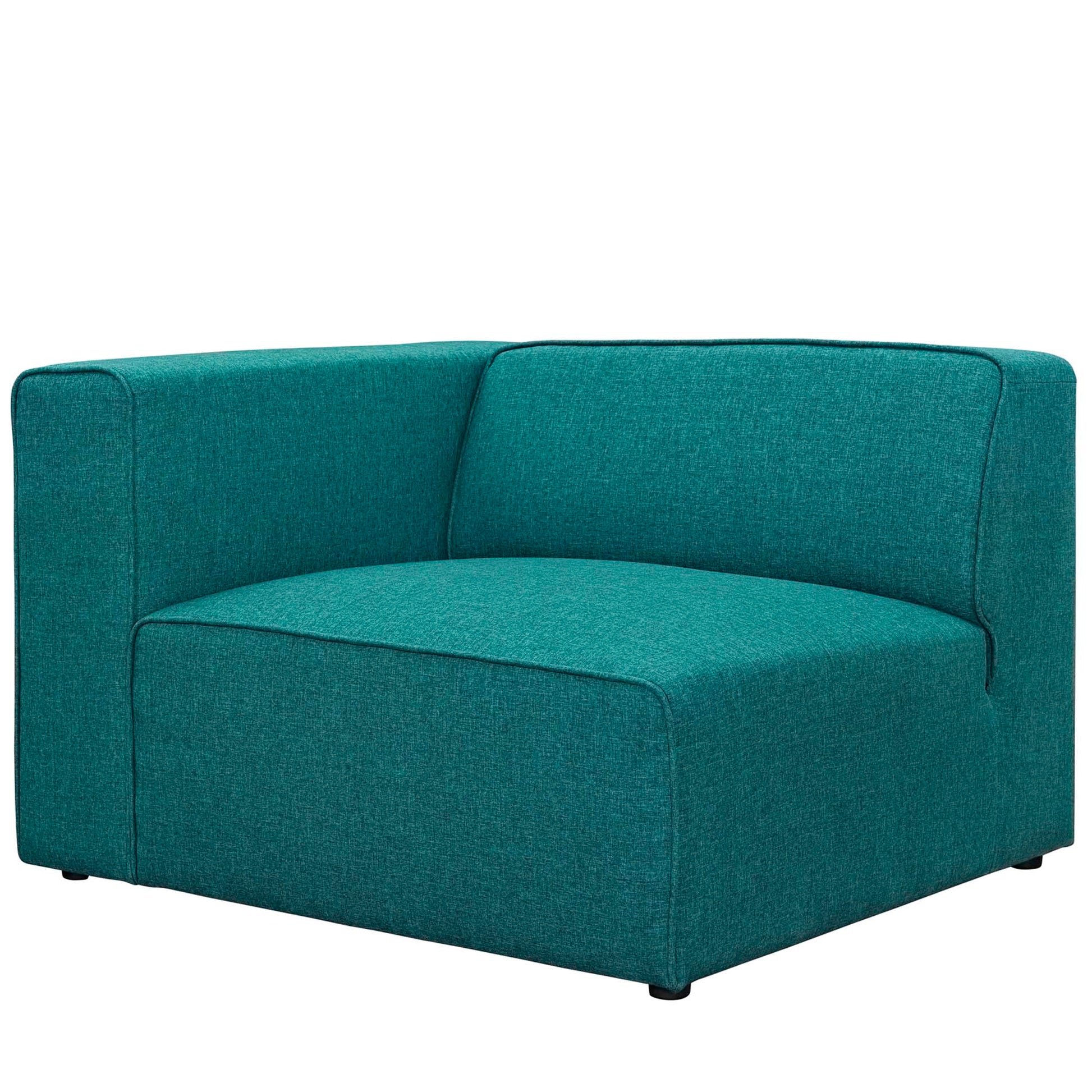 Teal fabric left-facing sofa with square arms, cushioned seat and back, low-profile design with black feet.