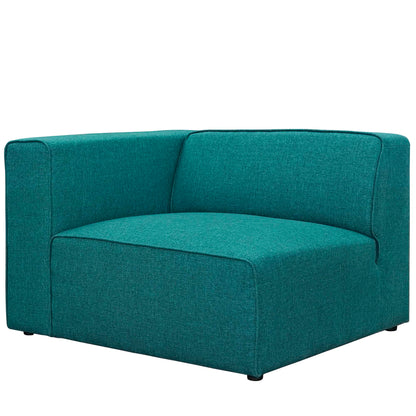 Teal fabric left-facing sofa with square arms, cushioned seat and back, low-profile design with black feet.