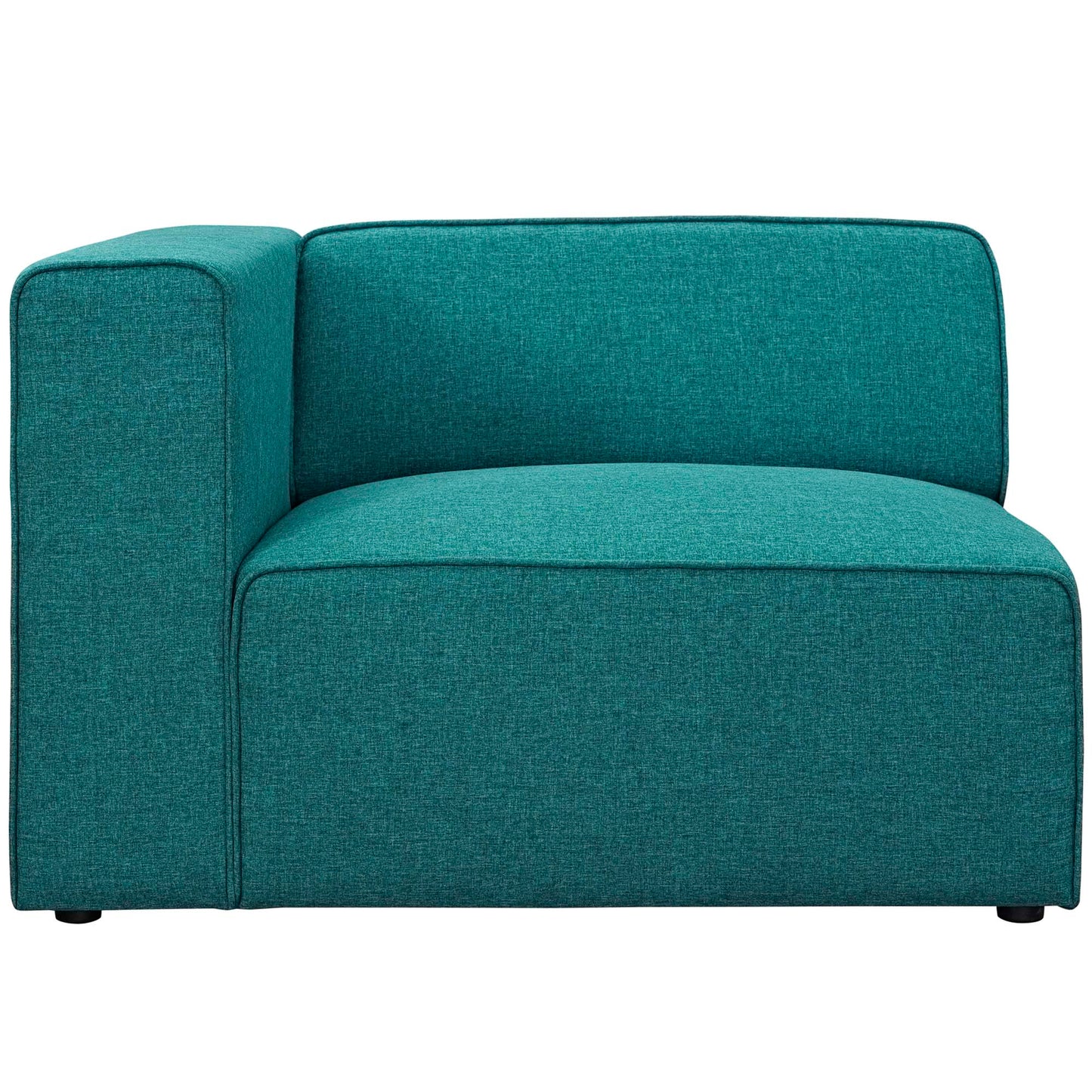 Teal woven fabric left-facing sofa with a square arm and cushioned back, modern lounge seating.