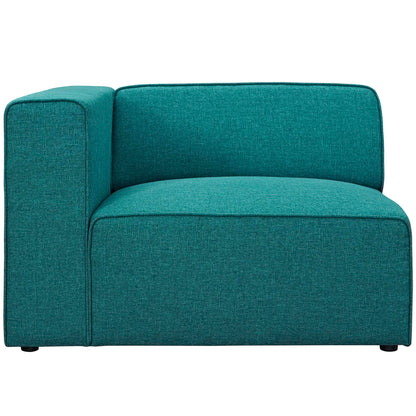 Teal woven fabric left-facing sofa with a square arm and cushioned back, modern lounge seating.