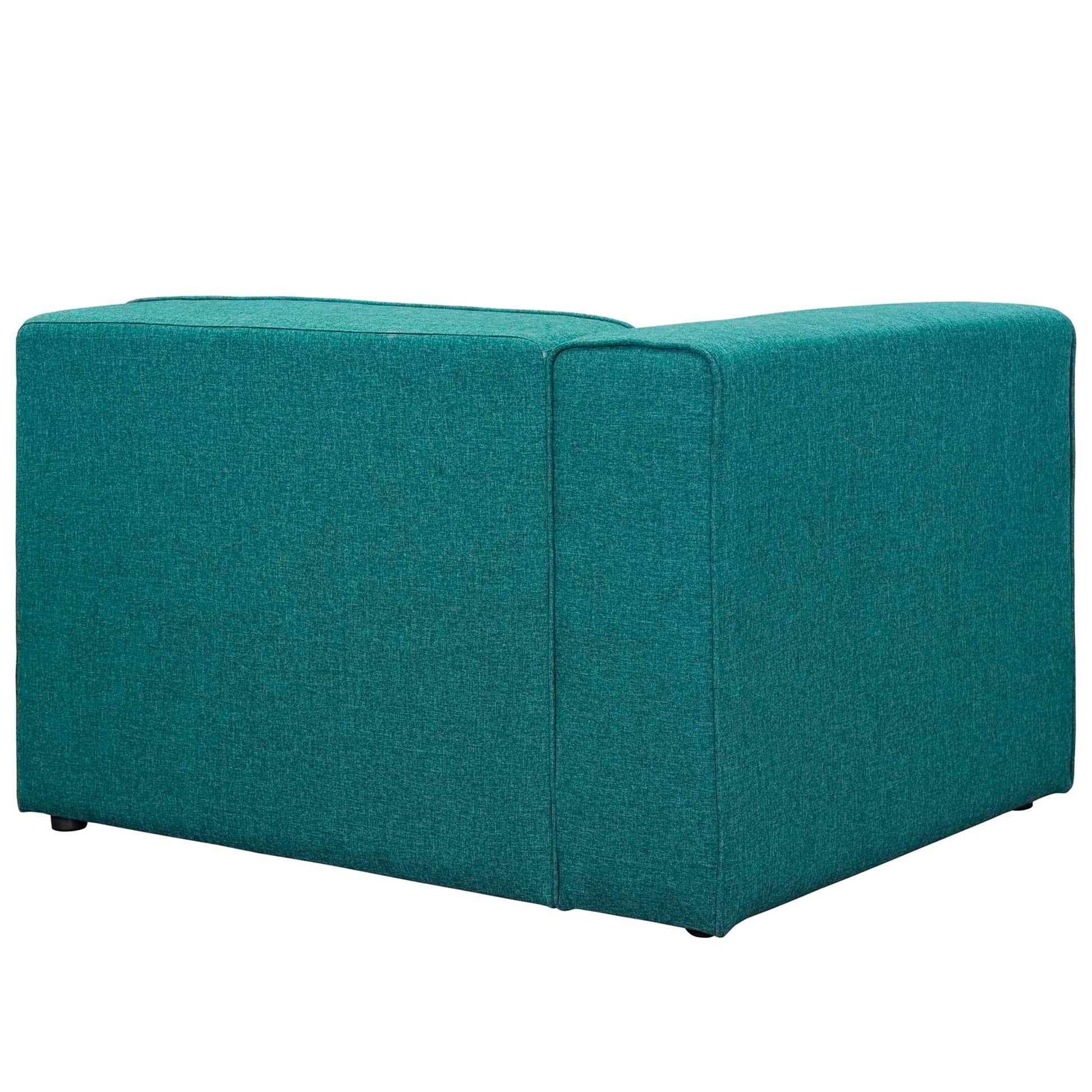 Teal fabric left-facing modular sofa with two connected low-profile seats and square-edged cushions.