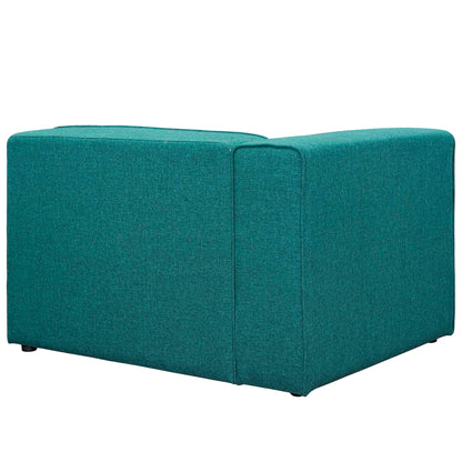 Teal fabric left-facing modular sofa with two connected low-profile seats and square-edged cushions.