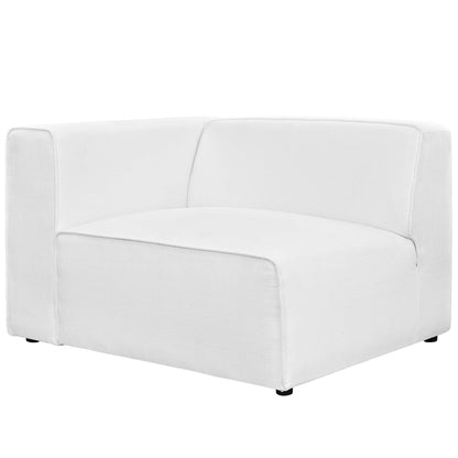White fabric left-facing sofa with boxy cushions, low profile, square arms, and small black feet.