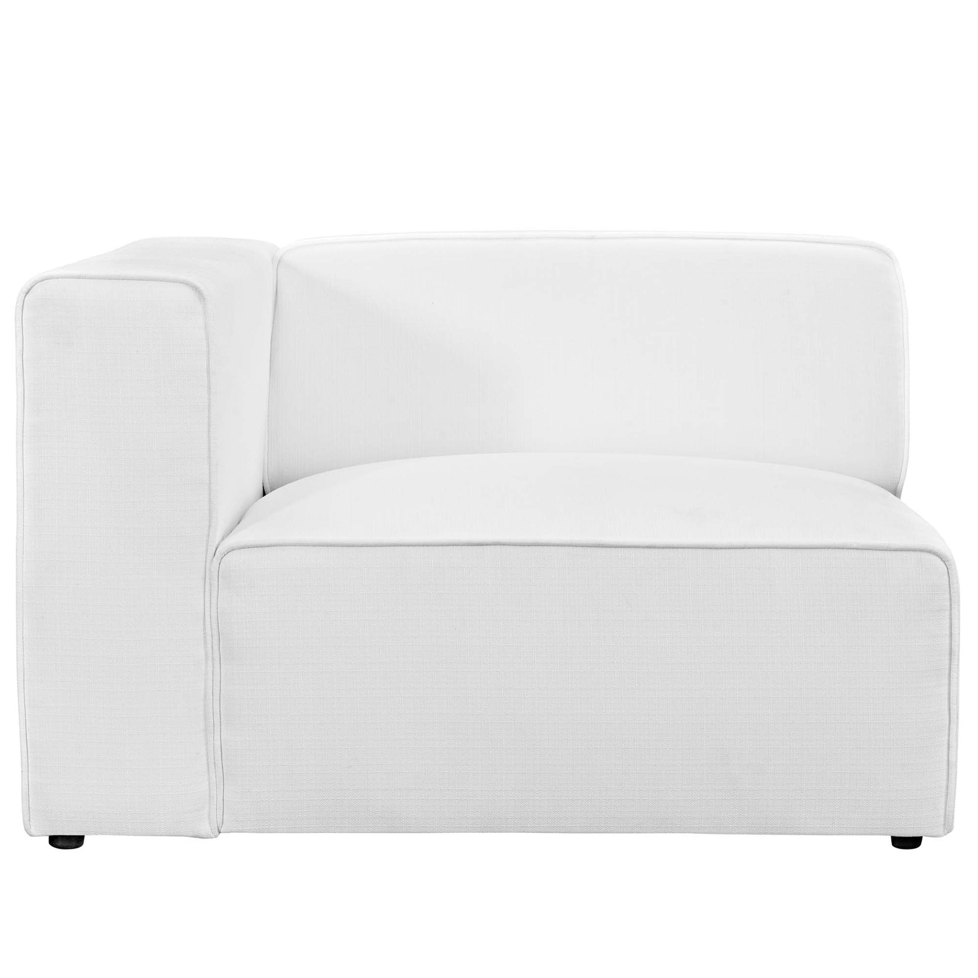 White fabric left-facing sofa with a square left arm, cushioned seat and back, modern minimalist style.