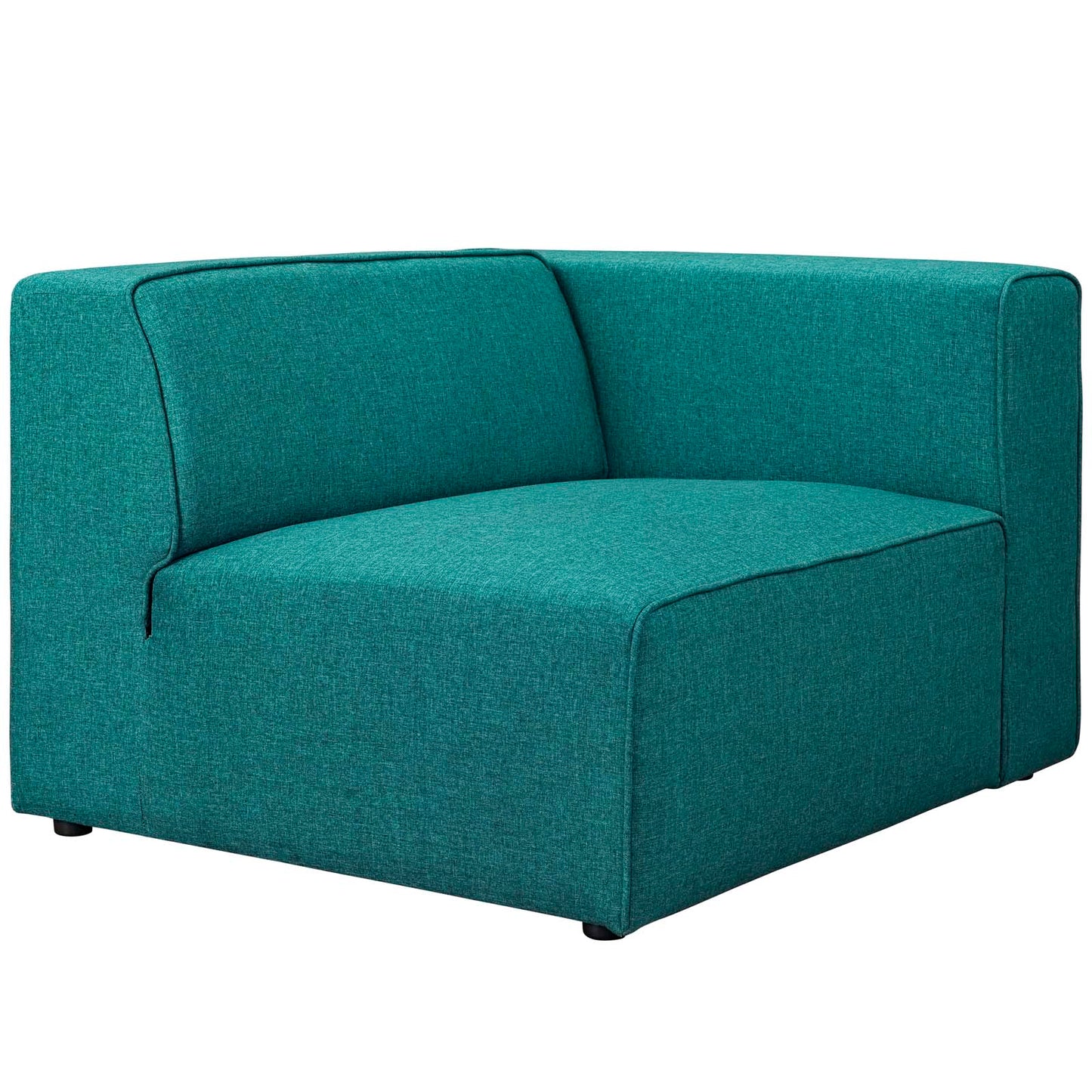 Teal textured fabric right-facing sofa with square arms and cushioned seat.
