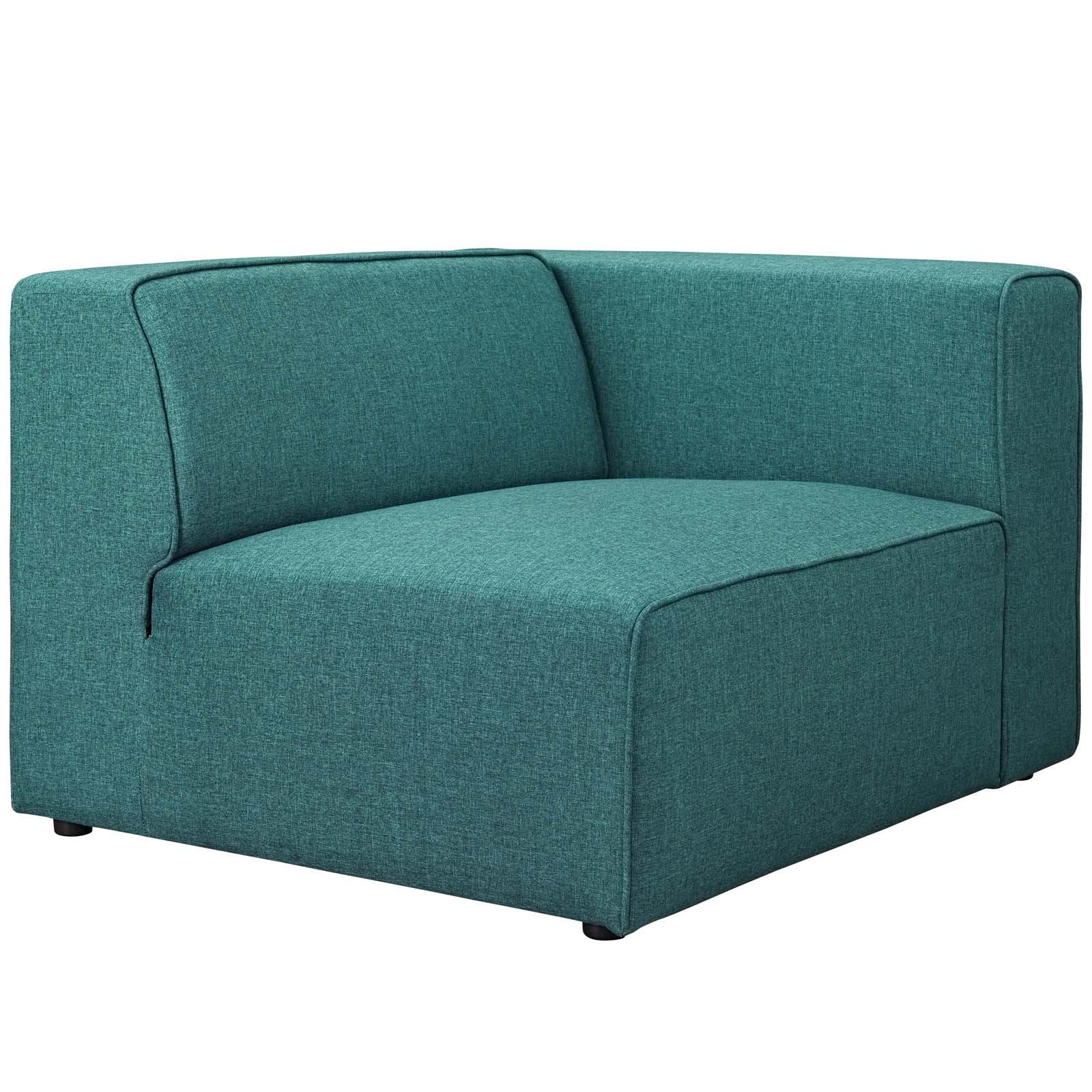 Teal textured fabric right-facing sofa with square arms and cushioned seat.