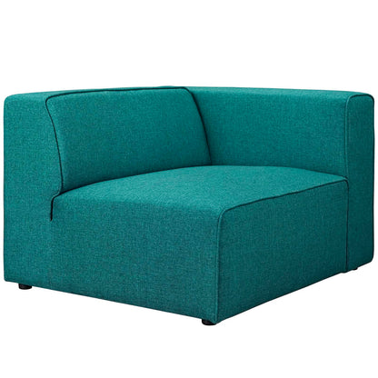 Teal textured fabric right-facing sofa with square arms and cushioned seat.