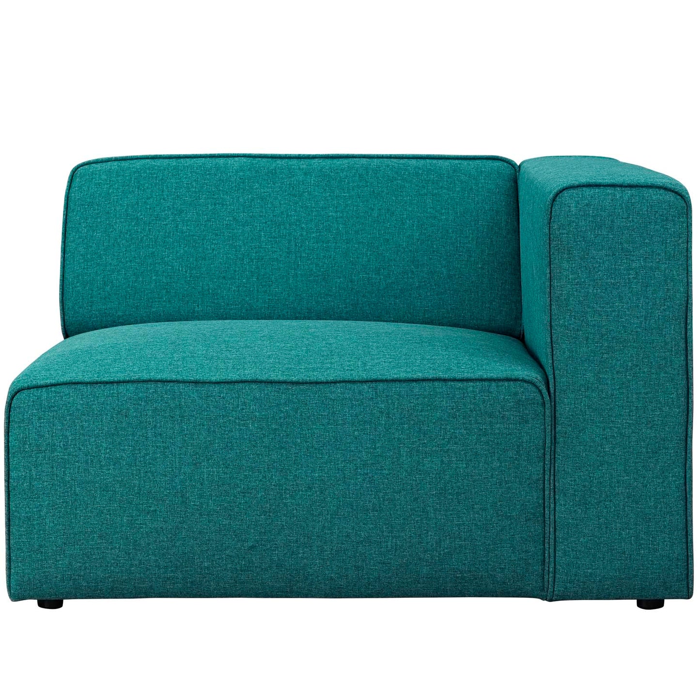 Teal textured fabric right-facing sofa with a low back and right-side square arm, compact modern living room sofa.