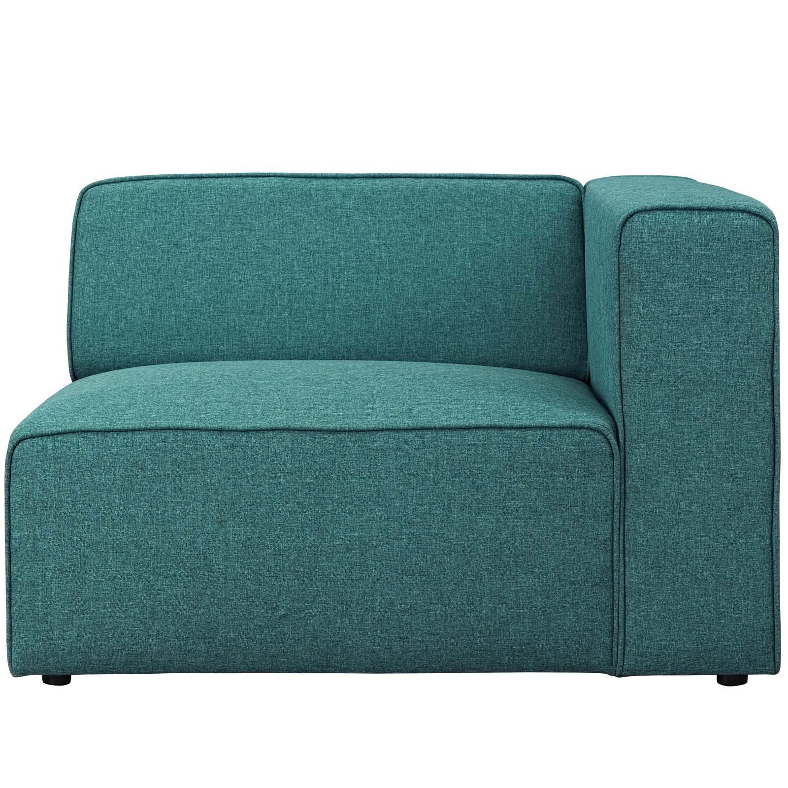 Teal textured fabric right-facing sofa with a low back and right-side square arm, compact modern living room sofa.