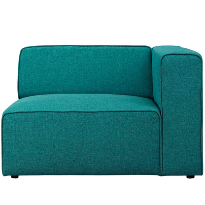 Teal textured fabric right-facing sofa with a low back and right-side square arm, compact modern living room sofa.